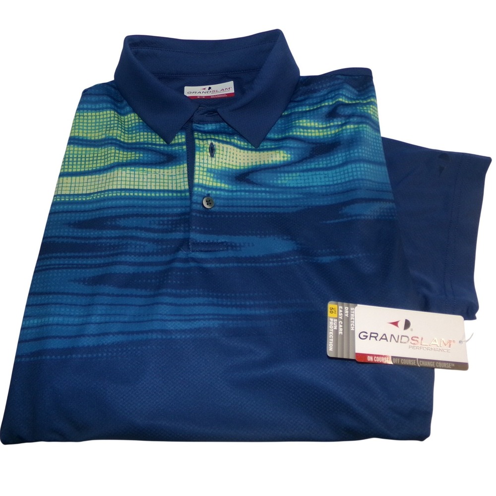 Grand Slam Performance Mens LRG Blue Geometric Print Short Sleeve Polo